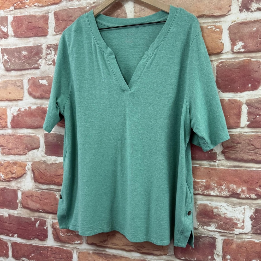 J Jill Pure Jill Top Women's 2X Aqua Green Hemp Blue Cotton Slubbed Casual Shirt - Picture 3 of 8